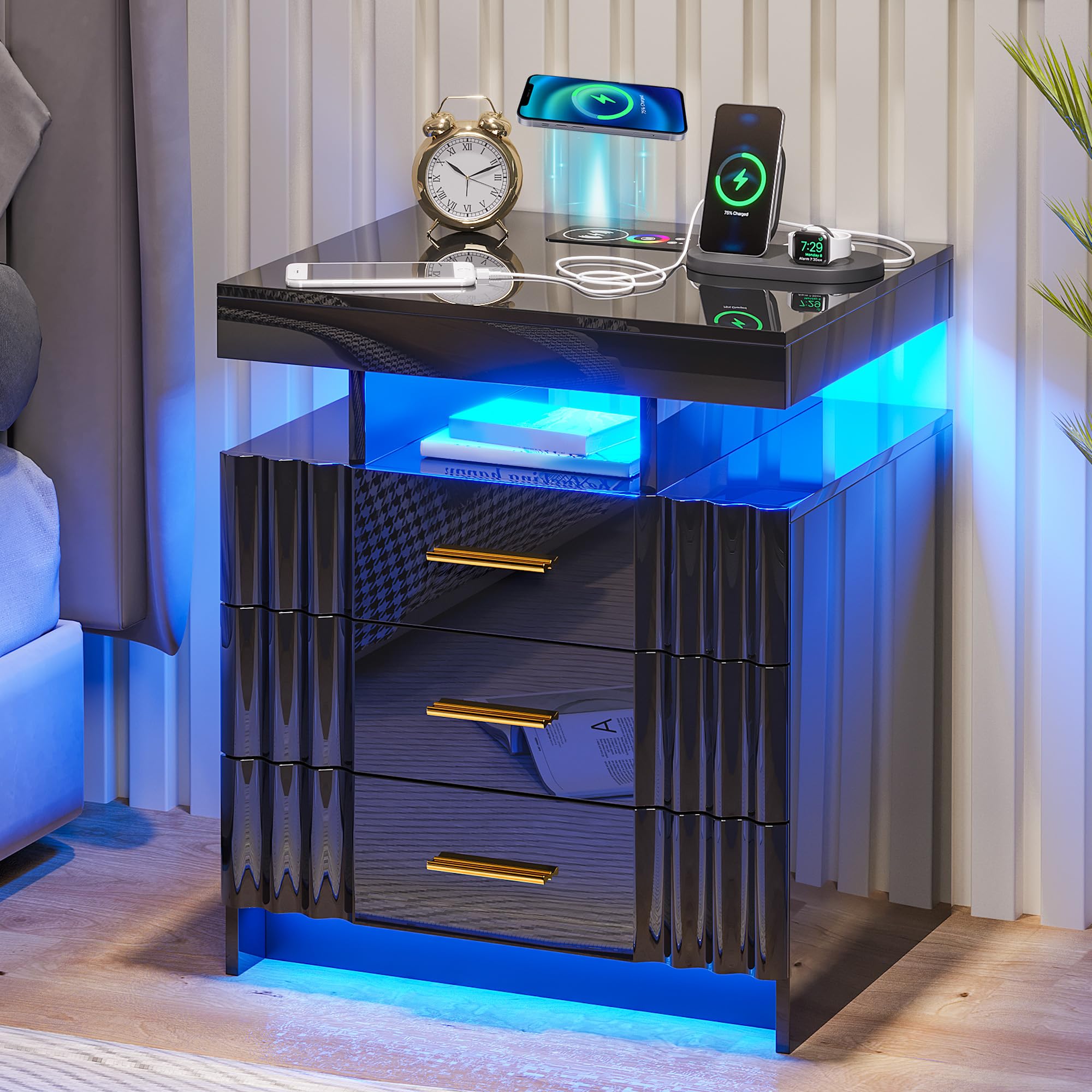 Amazon.com: HNEBC LED Nightstand,Black Nightstand with Charging